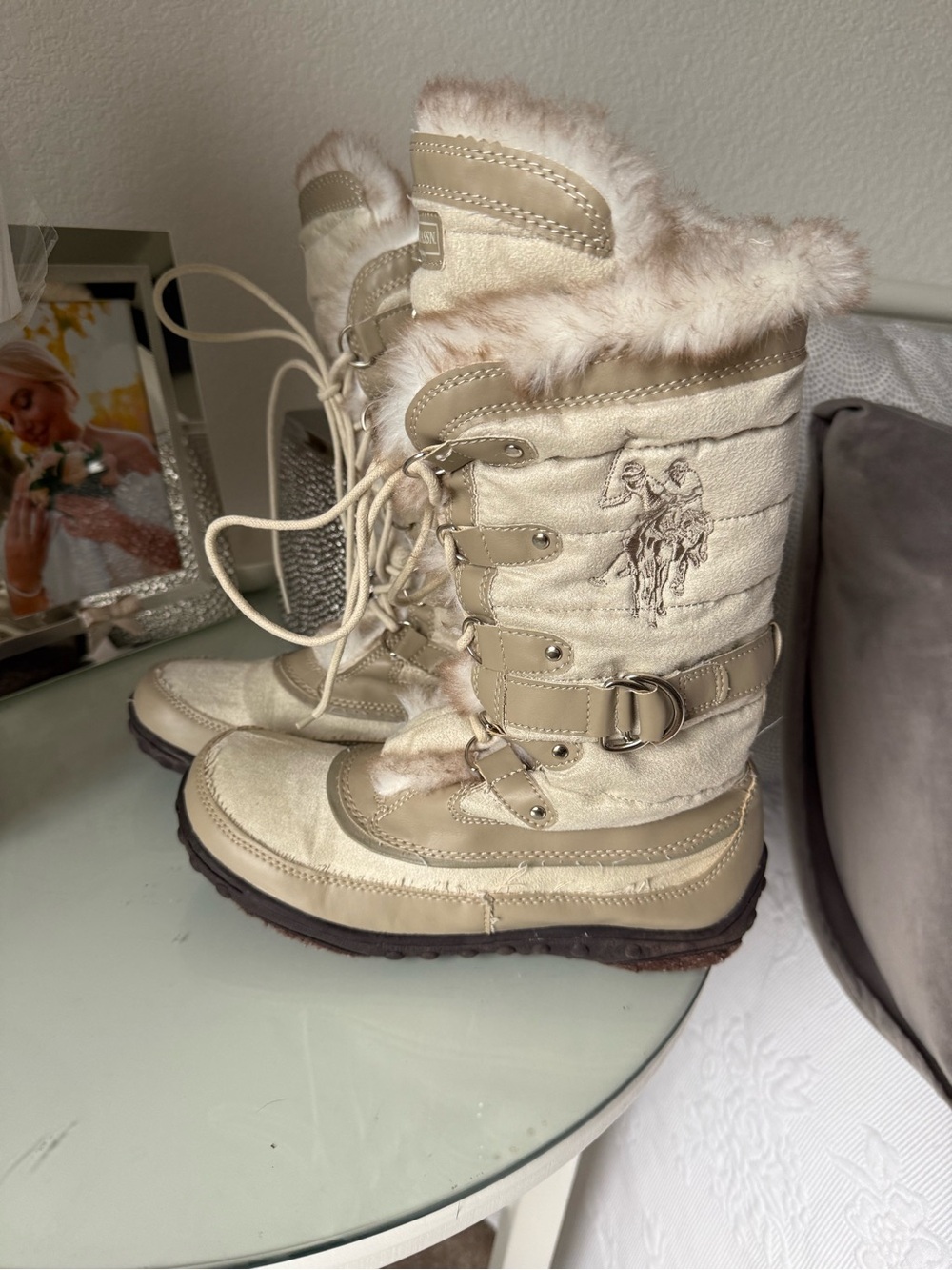 U.S. Polo Assn. Women's Cream Faux-Fur Lace-Up Winter Boots